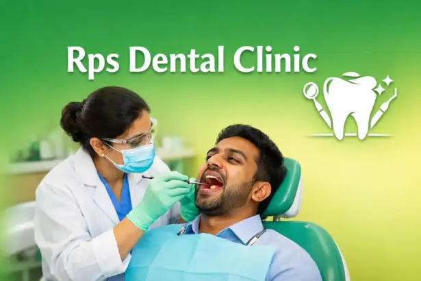 Dentist treating gum problem of an Indian man at Rps Dental Clinic with green and lemon yellow background