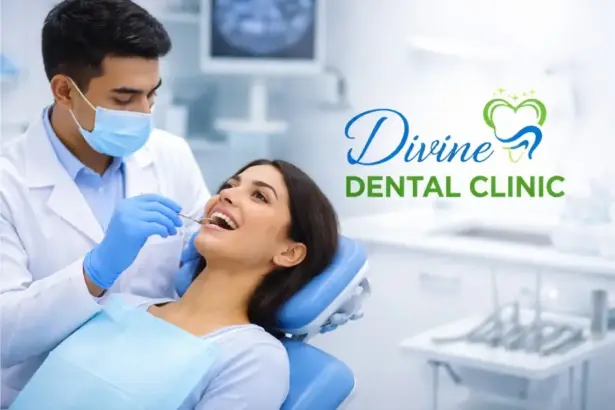 Dentist checking a patient’s teeth during dental treatment at Divine Dental Clinic in a modern dental clinic environment