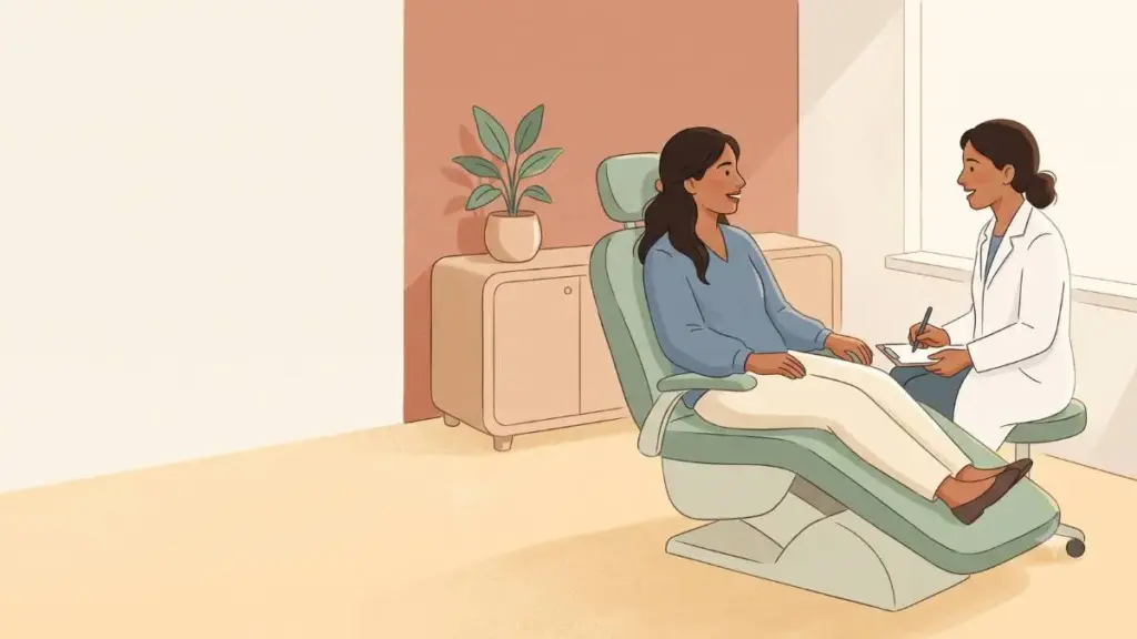 Patient sitting upright talking calmly with a dentist during a consultation