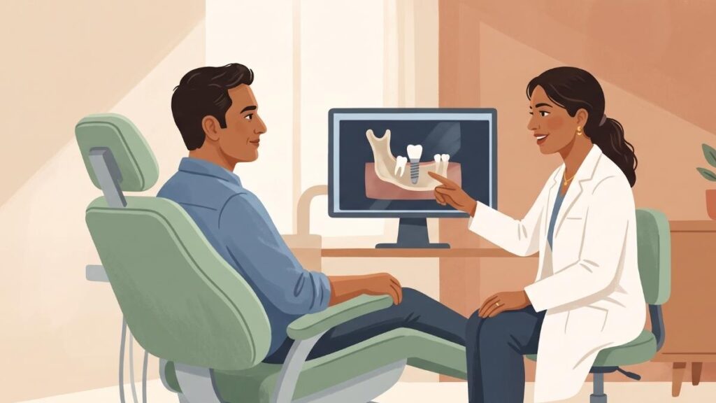An editorial flat illustration of a female dentist showing a male patient a CBCT jaw scan on a computer monitor in a calm dental office