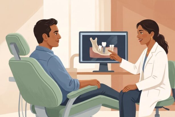 An editorial flat illustration of a female dentist showing a male patient a CBCT jaw scan on a computer monitor in a calm dental office