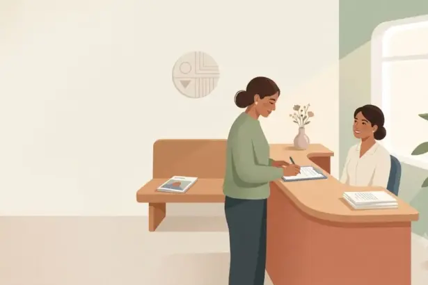 Patient filling in a medical history form at a dental clinic reception