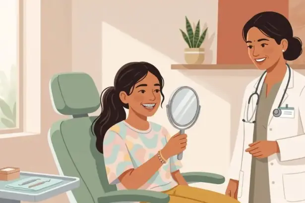 Teenage girl smiling with newly fitted metal braces while looking at a handheld mirror as her orthodontist stands beside her in a dental clinic