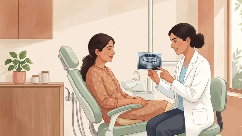 Dentist showing a dental X-ray to a relaxed patient sitting in a dental chair and explaining the root canal treatment plan