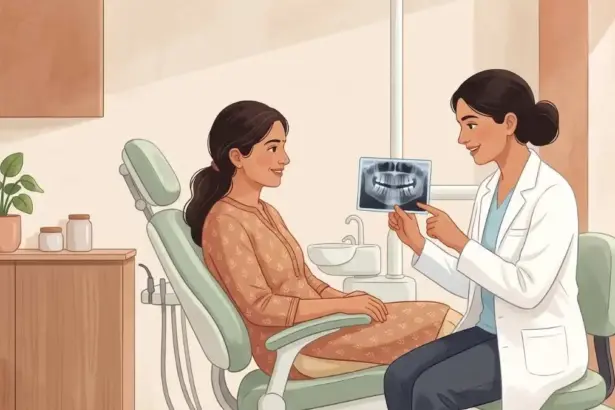 Dentist showing a dental X-ray to a relaxed patient sitting in a dental chair and explaining the root canal treatment plan